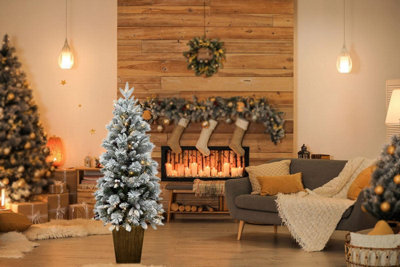 Pre Lit Potted Snow Flocked Christmas Tree with Pine Cones and Red ...