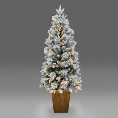 Pre Lit Potted Snow Flocked Christmas Tree with Pine Cones and Red Berries Snowy Tips 80-100 Warm White LED Lights