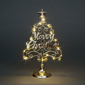 Pre-Lit Table Top Golden/Silver Merry Christmas Tree Cool Bells Star Festive Xmas Holiday Home Office Novelty Decorations,