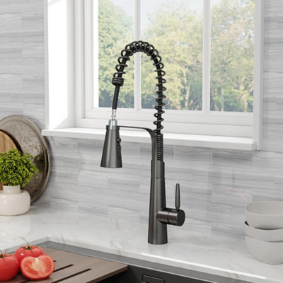 Pre-rinse Pull Down Kitchen Tap Stainless Steel and Brass Kitchen Faucet in Grey