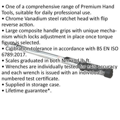 Precision Locking Micrometer Torque Wrench - 1/2" Drive with Calibration and Flip Reverse Feature