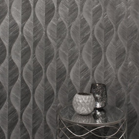 Precision Organic Leaf Charcoal Wallpaper Geometric Textured Vinyl