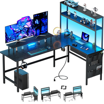 Precision Synergie L-Shaped Gaming Desk with LED Lights & Power Outlet ...