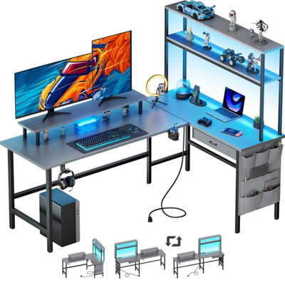 Precision Synergie L-Shaped Gaming Desk with LED Lights & Power Outlet ...