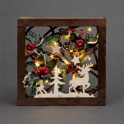 Prelit Wooden Square Frame Tabletop Decorations Xmas with Leaves Pine Cones Berries 3D Nordic Scene,30cm