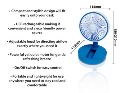 Prem-I-Air Compact USB Rechargeable Desktop Fan with Adjustable Head Blue