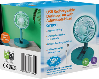 Prem-I-Air Compact USB Rechargeable Desktop Fan with Adjustable Head Green