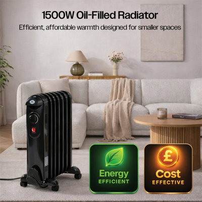 Prem-I-Air Oil Filled Radiator Black With Castors 7 fin 1.5kw Black