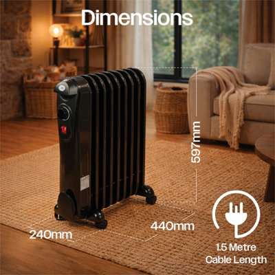 Prem-I-Air Oil Filled Radiator Black With Castors 9 fin 2kw Black