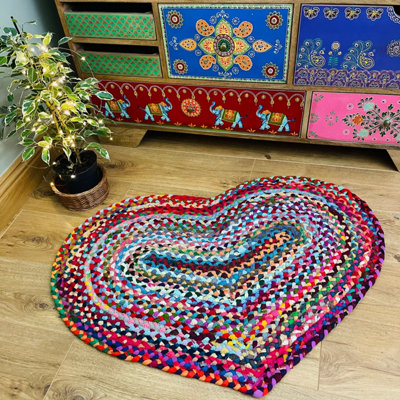 Prem Love Heart Rug in Multi Colour Recycled Fabric 60 cm x 90 cm / Default Title