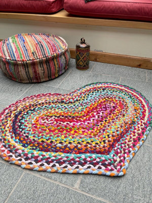 Prem Love Heart Rug in Multi Colour Recycled Fabric 60 cm x 90 cm - L60 x W90 - Multicolour