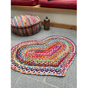 Prem Love Heart Rug in Multi Colour Recycled Fabric 60 cm x 90 cm - L60 x W90 - Multicolour