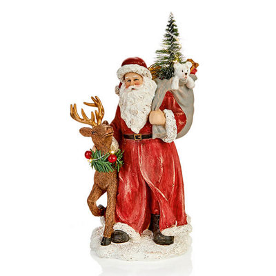Premier 22cm Battery Operated Polyresin Santa with Deer