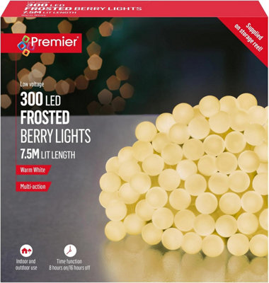 Premier 300 LED Mini Berry Lights Warm White Multi Action Timer 7.5M