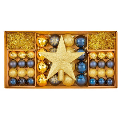 Premier - 54 piece Shatterproof Multipack Baubles, Star and Decoration Set, Navy and Gold