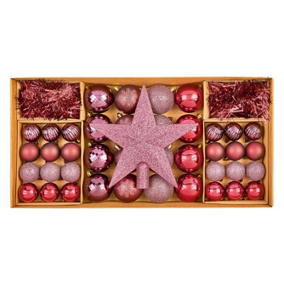 Premier - 54 piece Shatterproof Multipack Baubles, Star and Decoration Set, Raspberry and Plum