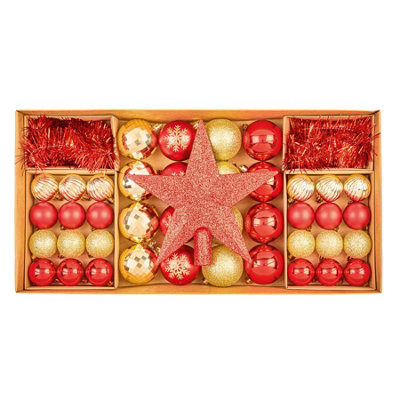 Premier - 54 piece Shatterproof Multipack Baubles, Star and Decoration Set,Red and Champagne Gold