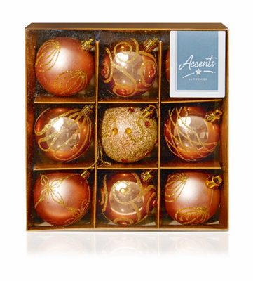 Premier 9 x 60mm Rose Gold Decorated Baubles