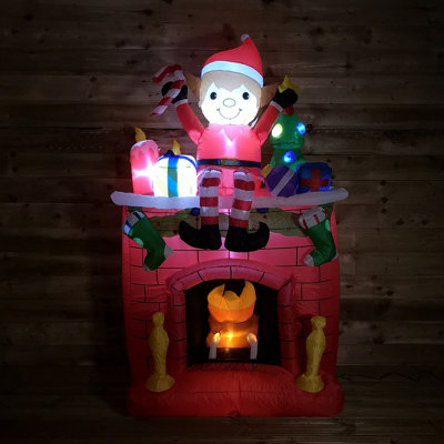 Premier Christmas 2M Light Up Fireplace Inflatable with Festive Elf and Presents