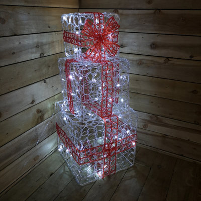 Premier Christmas Set of 3 Acrylic Parcels in White with Red Bow with Warm White LED Lights  Mains Operated Price Comparisons | Compare The Build