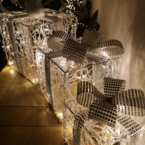 Premier Christmas Set of 3 Acrylic Parcels in White with Silver Diamante Bow & LED Lights Mains Operated