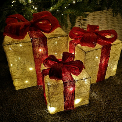 Premier Christmas Set of 3 Glitter Parcels in Cream with Red Bow & LED