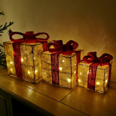 Premier Christmas Set of 3 Glitter Parcels in Gold with Red Bow & LED ...