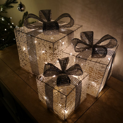 Premier Christmas Set of 3 Glitter Parcels in White with Silver ...