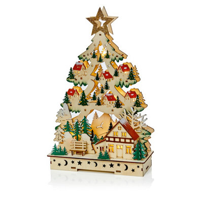 Premier Wooden Light Up Christmas Tree Village Scene 36cm