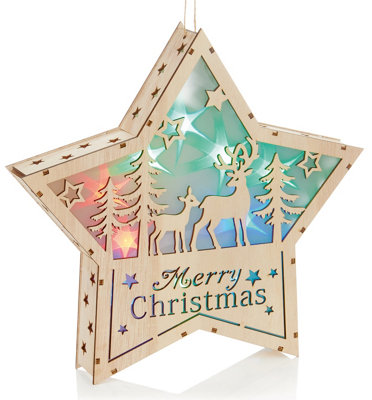 Premier Wooden Light Up Star With Reindeer Scene 30cm