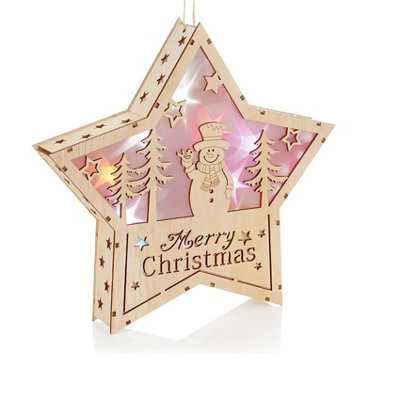 Premier Wooden Light Up Star With Snowman Scene 30cm