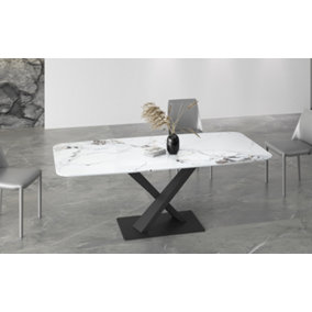 Premium 160cmx80cm Sintered Stone White Dining Table with Black Cross Metal Frame