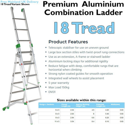 Premium 18 Rung Combination Ladder - 3 Section Extension and A-Frame for Versatile Use