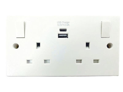Premium 2-Gang Switched Socket with Dual USB A and C Charging Ports - 13A Power Supply