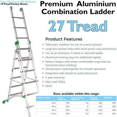 Premium 27-Rung Combination Ladder - 3 Section Extension and Stairwell ...