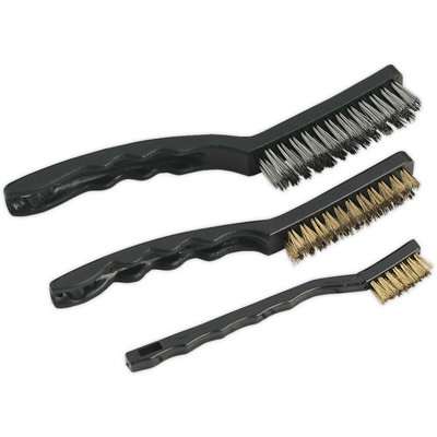 Premium 3 Pack Auto Engineers Wire Brush Set - 2 Brass & 1 Steel Brush for Rust Removal
