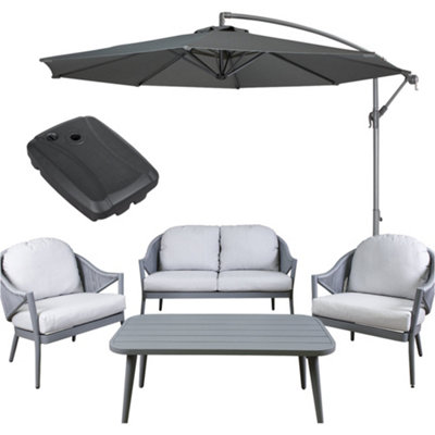 Premium 4 Seater Garden Coffee Table & Parasol Set Grey Aluminium Sofa & Chairs