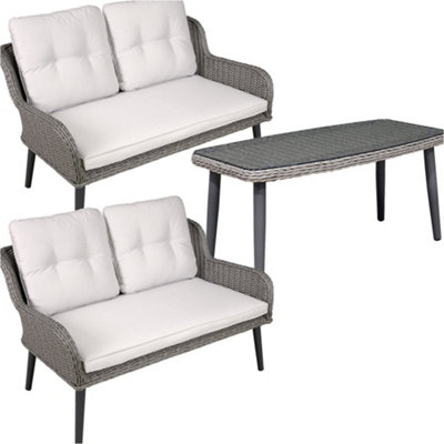 Premium 4 Seater Garden Coffee Table Set - 3pc Grey Rattan Wicker Sofa Chair