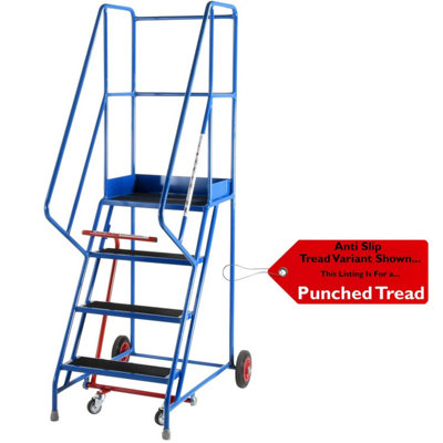 Premium 4 Tread Mobile Warehouse Safety Ladder with Punched Steps - EN131-7 Certified