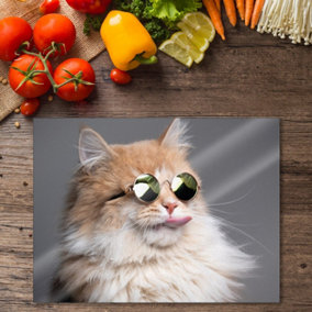 Premium 40 x 30cm 6mm Grey Cat with Glasses Worktop Saver Chopping Board Toughened