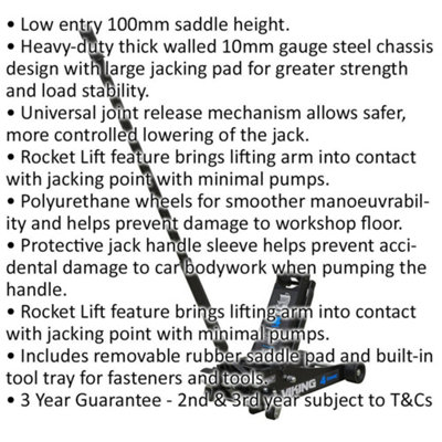 PREMIUM 4T Low Entry Tyre Bay Trolley Jack & Rocket Lift Universal Joint Release