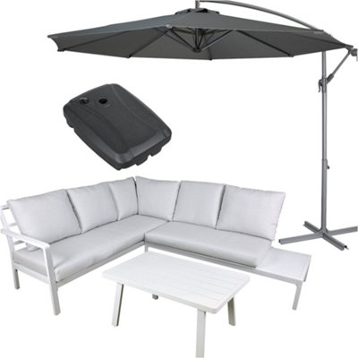 Premium 5 Seater Garden Coffee Table & Parasol Set - White Aluminium Corner Sofa