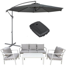 Premium 5 Seater Garden Coffee Table & Parasol Set White Aluminium Sofa Cushions