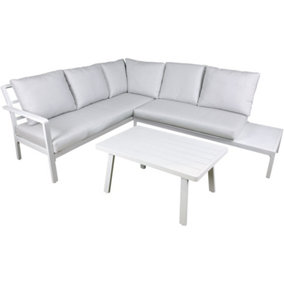 Premium 5 Seater Garden Coffee Table Set - White Aluminium Corner Sofa & Grey