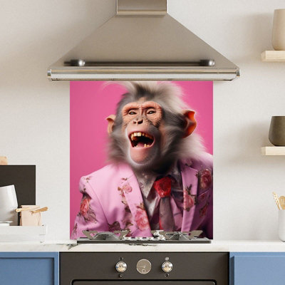 Premium 60 x 70cm Pink Monkey 6mm Glass Toughened Kitchen Splashback