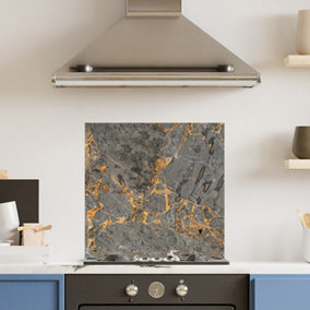 Premium 60cm  x 60cm 6mm Glass Grey Gold Marble Kitchen Splashback Toughened Polished Edge