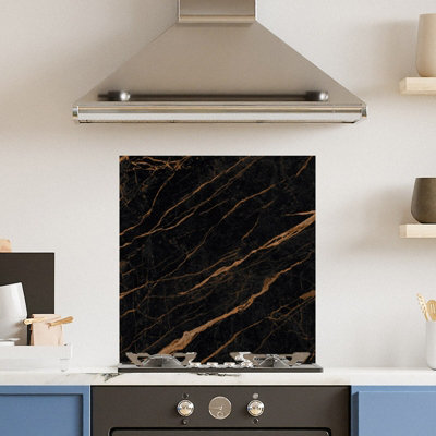 Premium 60cm x 65cm 6mm Glass Black Gold Marble Kitchen Splashback Toughened Polished Edge