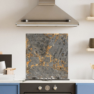 Premium 60cm x 65cm 6mm Glass Grey Gold Marble Kitchen Splashback Toughened Polished Edge