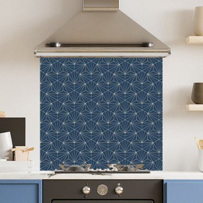 Premium 65 x 60cm Blue Gold Pattern 6mm Glass Toughened Kitchen Splashback