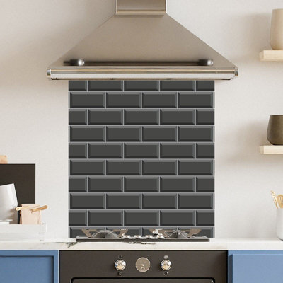 Premium 65 x 70cm Black Metro Tile 6mm Glass Toughened Kitchen Splashback